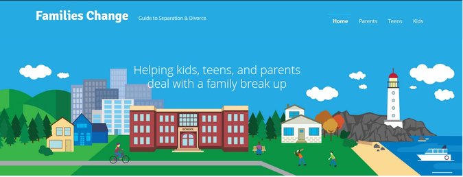 A blue cartoon banner image with a scene of a city, mountains, the ocean, and children playing. Text on the image reads "Families Change"  and "Helping kids, teens, and parents deal with a family break-up." It links for the Maine Families Change website.